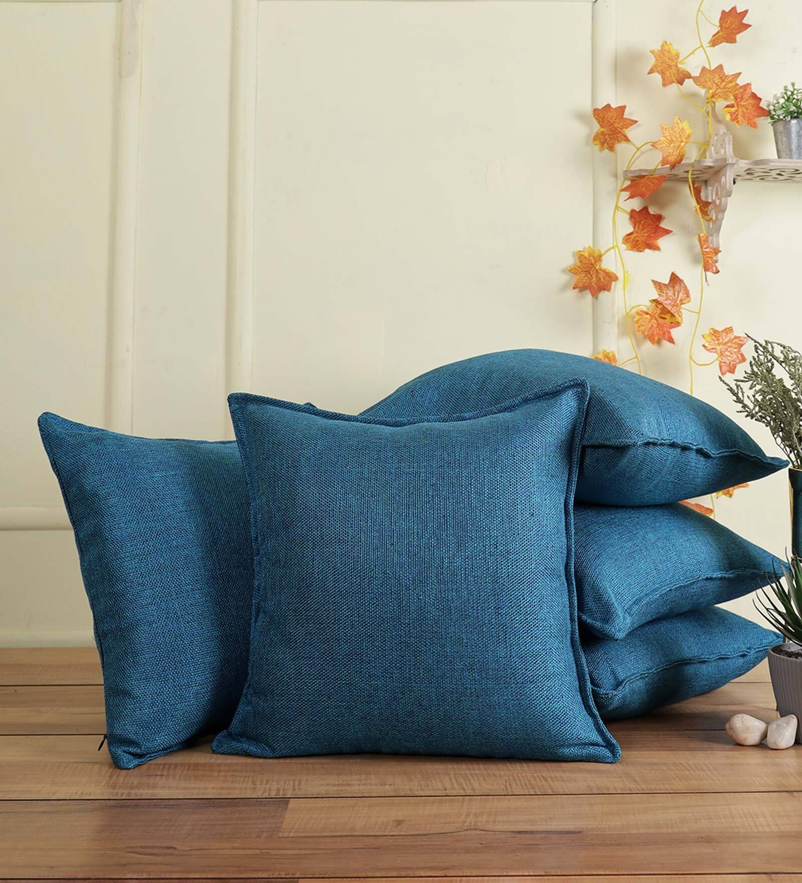 Aqua Solid Jute 16 x 16 Inches Cushion Covers (Set of 5)