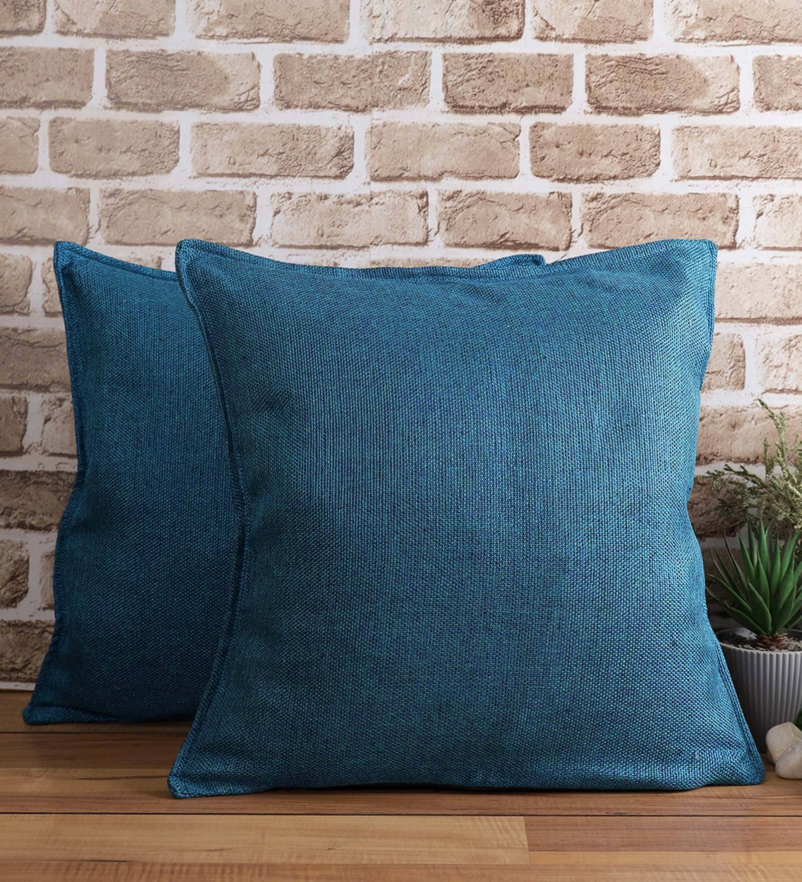Aqua Solid Jute 18 x 18 Inches Cushion Covers (Set of 2)