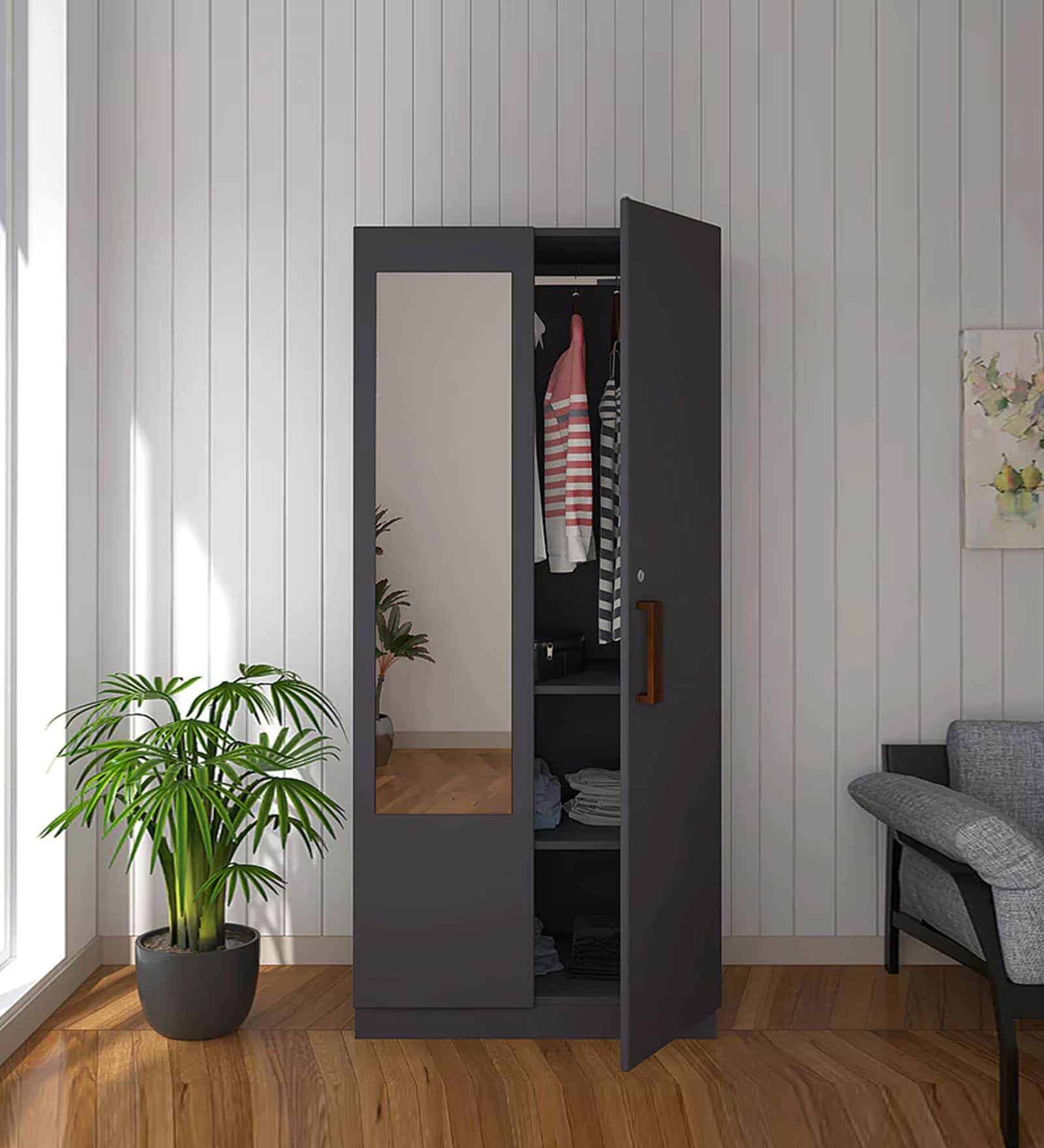 Aqua Two Door Wardrobe with Mirror in Slate Grey Finish Aqua Two Door Wardrobe with Mirror in Slate Grey Finish