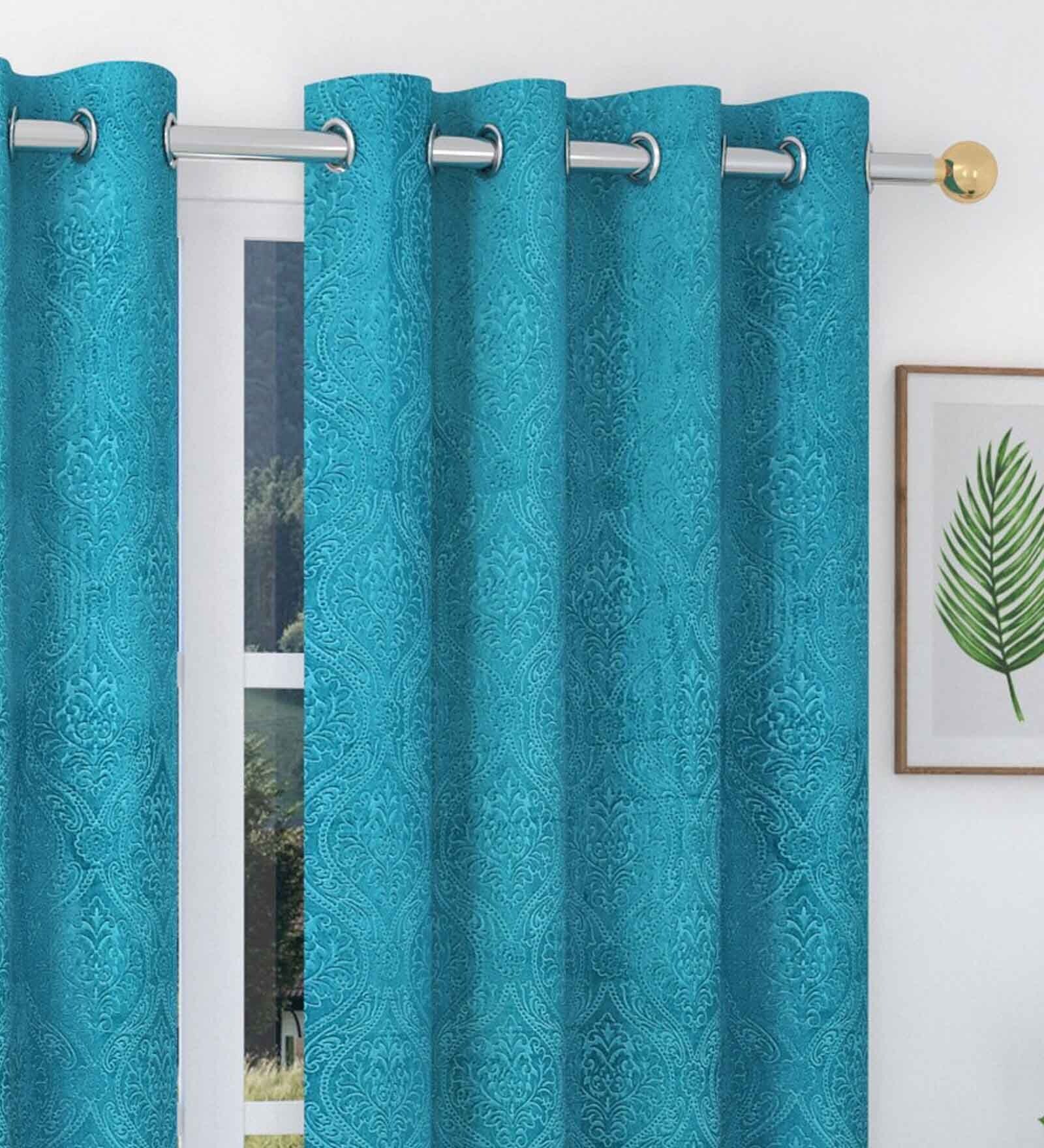 Aqua Floral Velvet 9 Ft Blackout Eyelet Door Curtains (Set of 2)
