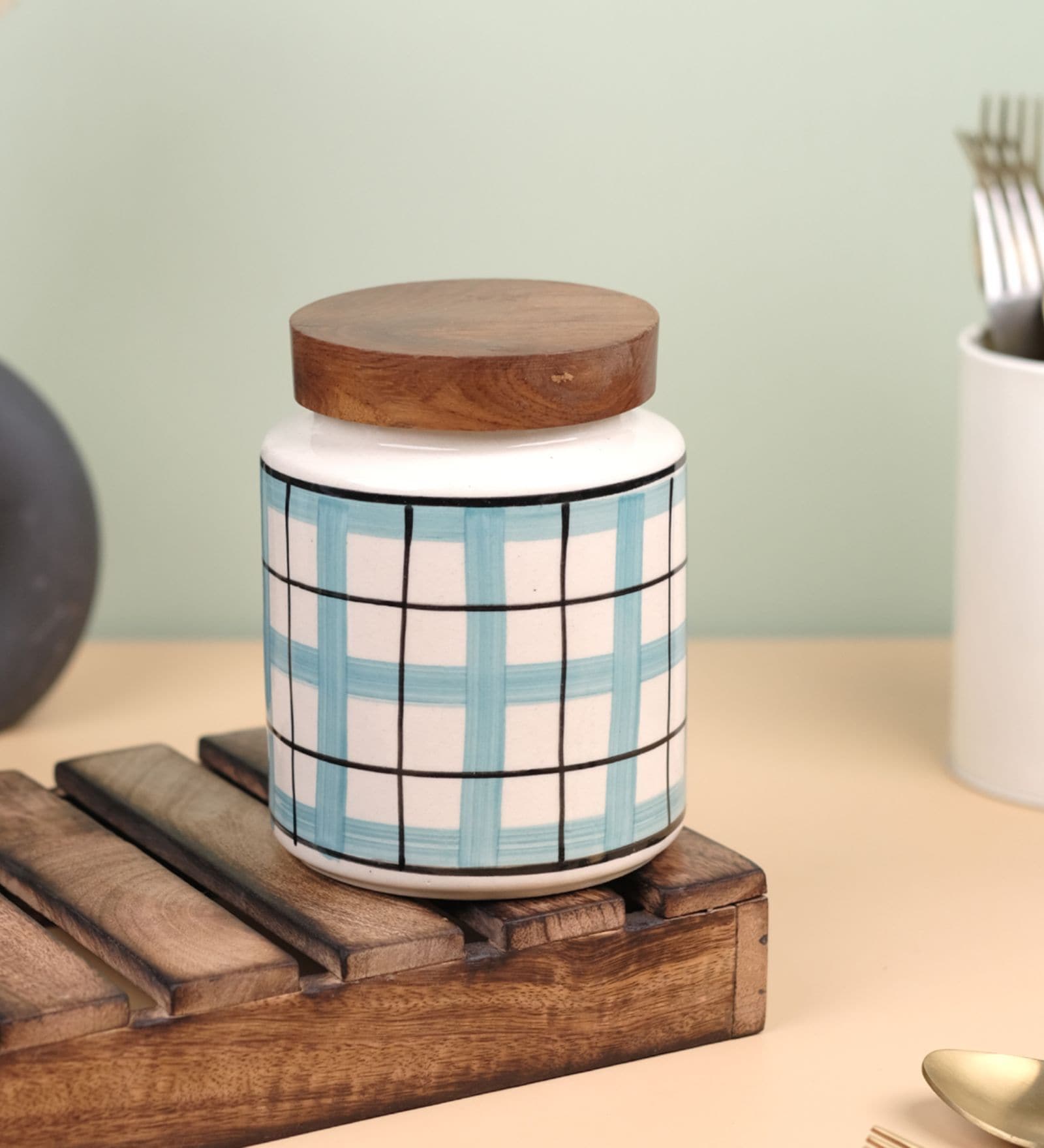 Aqua White Checkered Jar with Wooden Lid