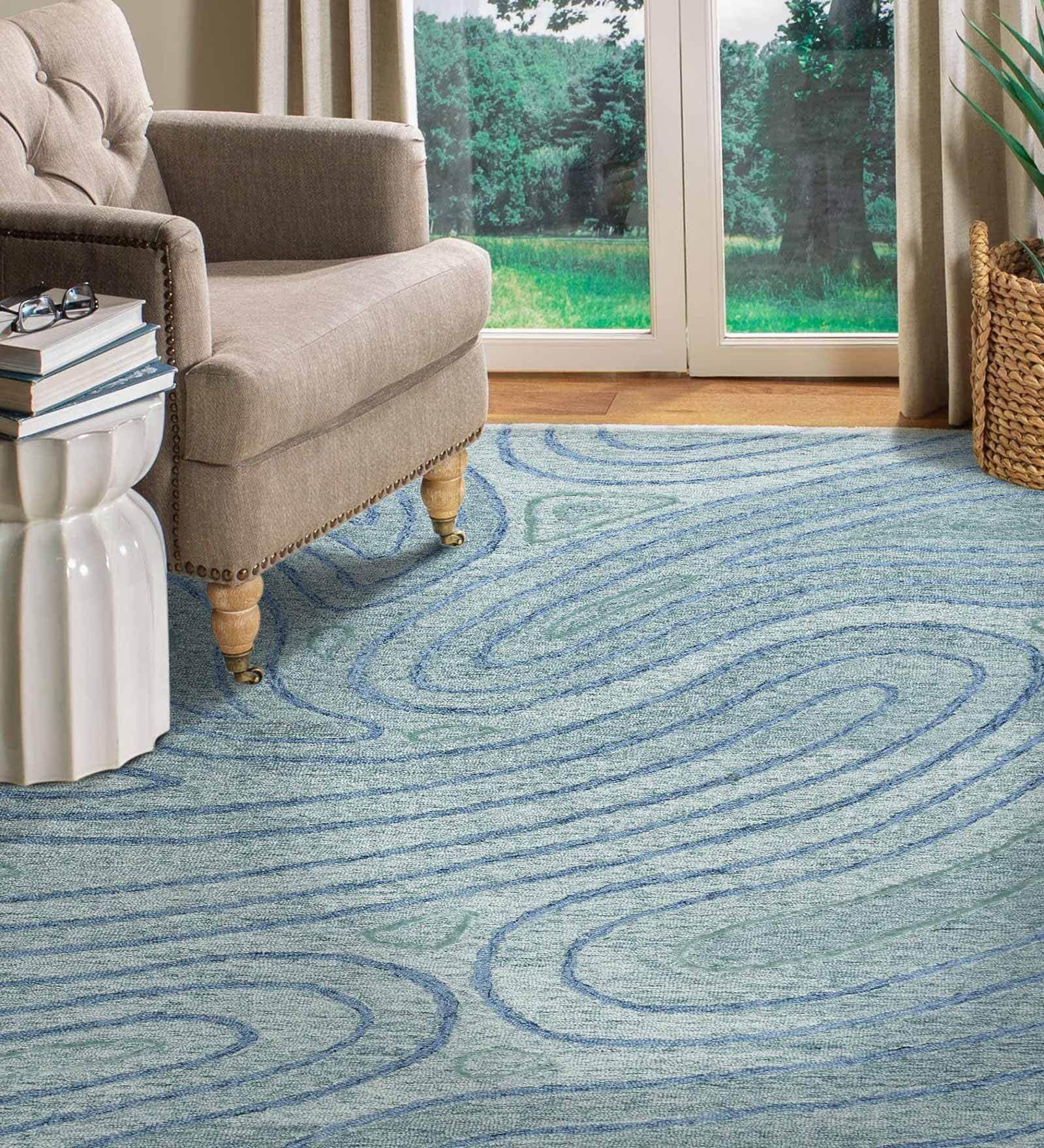 Blue Abstract Blended Wool 5 ft x 7 ft Hand Tufted Carpet