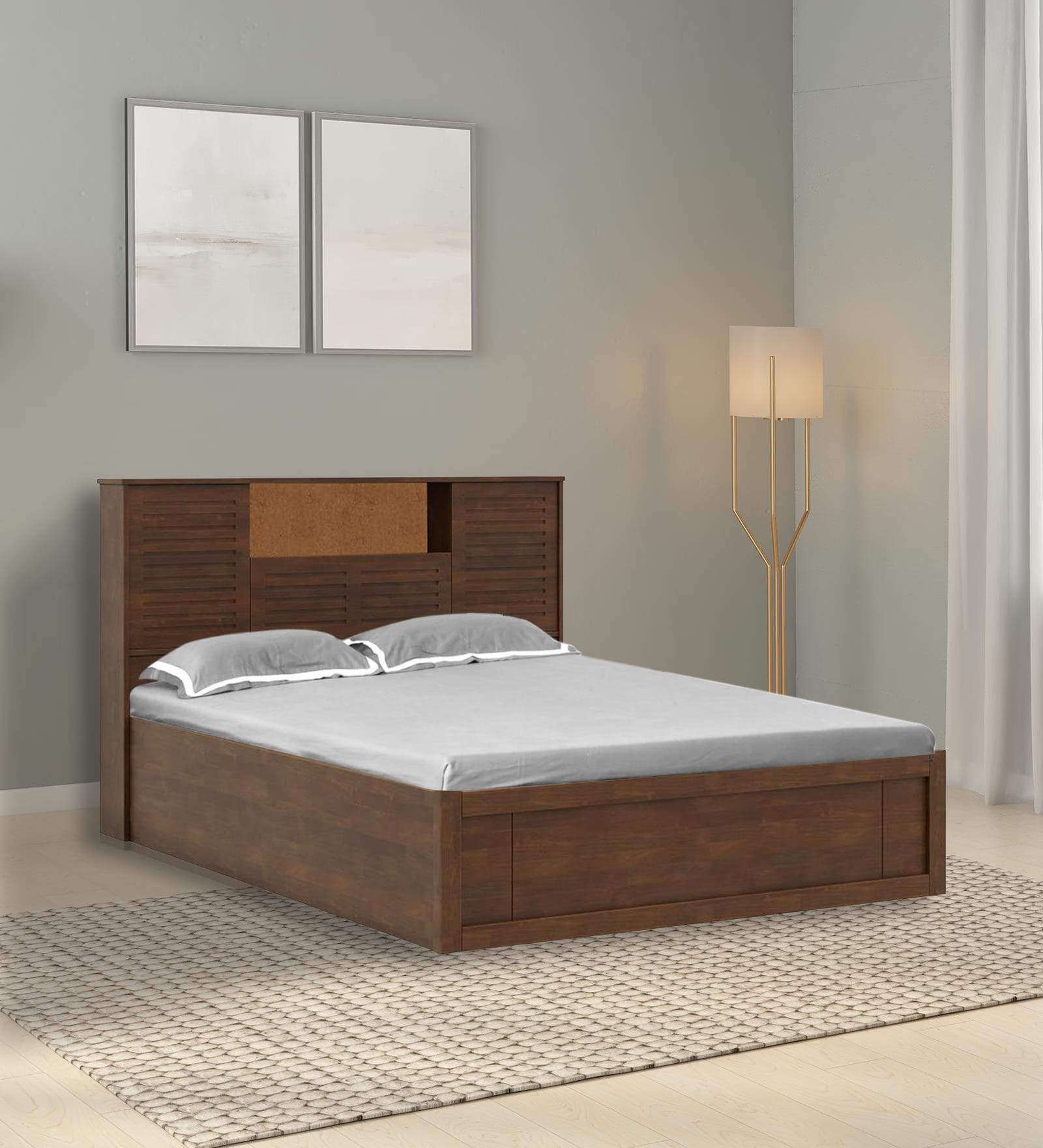 Buy Aquari Solid Wood Queen Size Bed In Golden Brown Colour With 