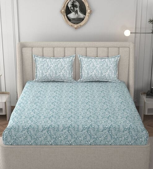 Aqua & White Glace Cotton Paisley Print Elastic Fitted King Bedsheet With 2 Pillow Covers