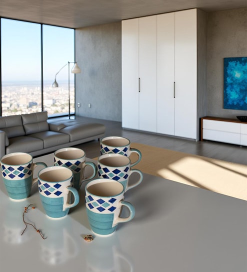 Aqua Blossom Coffee Mug Set of 6 (275 ML Each) Microwave Safe Coffee Mugs