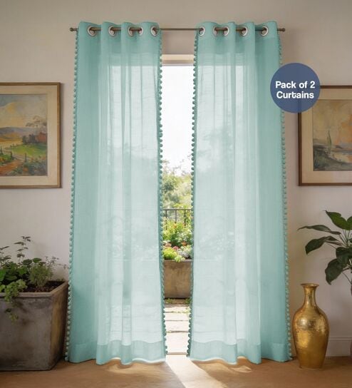 Aqua Blue with pom pomSolid Polyester Curtains for Window Pack of 2