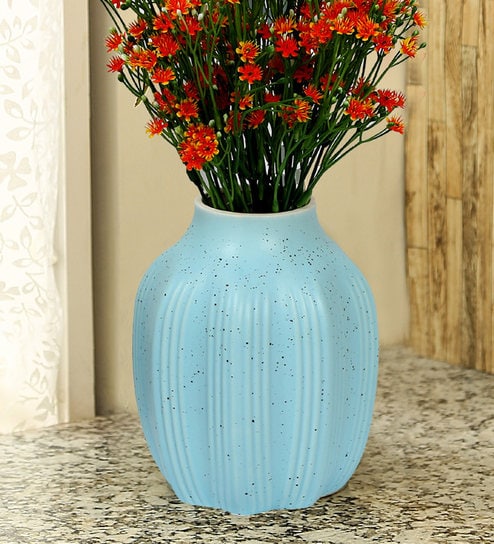 Buy Aqua Dotted Flower Ceramic Vase By Aapno Rajasthan Online