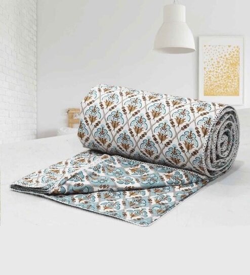 Aqua Cotton Floral 144 TC  Double Bed Dohar