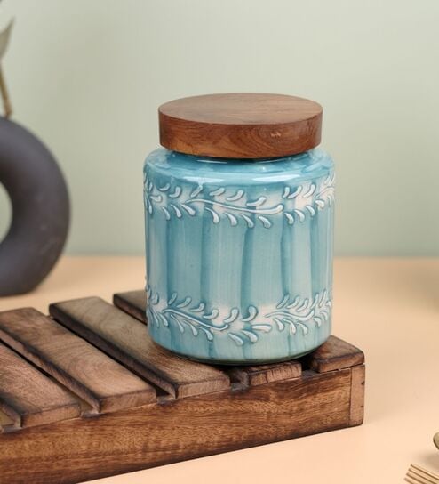 Aqua Embossed Ceramic Air Tight Jar with Wooden Lid