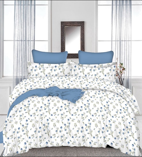 Aqua Floral 200 TC Cotton Queen Sized Double Bedsheet with 2 Pillow Covers