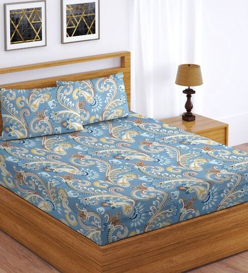 Aqua Glace Cotton Paisley Print Elastic Fitted King Bedsheet With 2 Pillow Covers
