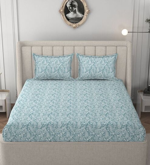 Aqua Glace Cotton Paisley Print Elastic Fitted King Bedsheet With 2 Pillow Covers