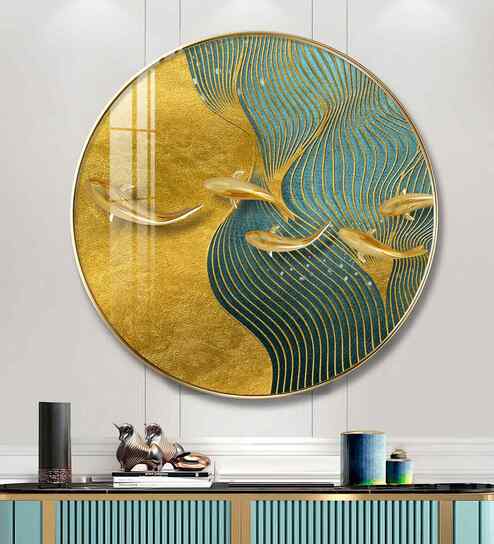 Aqua Gold Acrylic Round Wall Art