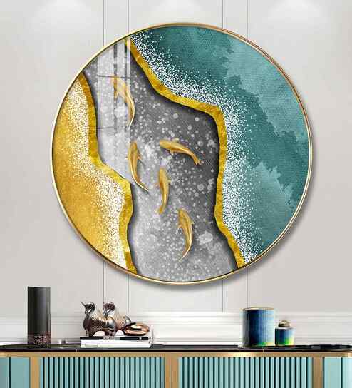 Aqua Gold Acrylic Round Wall Art