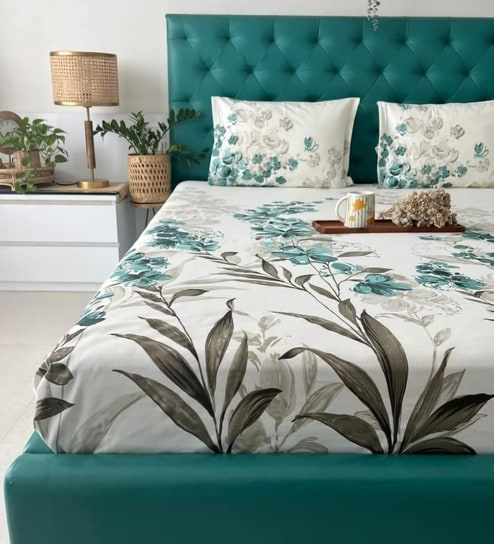 Aqua Leaf 200 TC Cotton King Size Double Bedsheet with 2 Pillow Covers