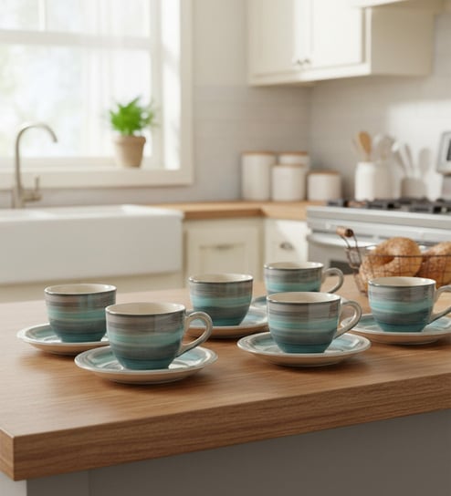 Aqua Mist Ceramic Cup and Saucer Set of 12(130ml) Tea Coffee Cups