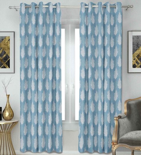 Aqua Polyester Floral 5Ft Semisheer Eyelet Window Curtain (1 Pc)