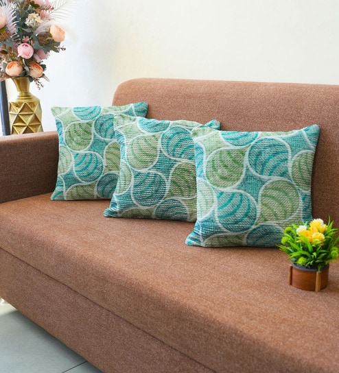 Aqua Polyester Floral 20x20 inches Cushion Covers Set of 3