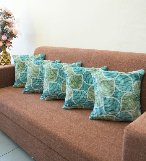 Aqua Polyester Floral 20x20 inches Cushion Covers Set of 5