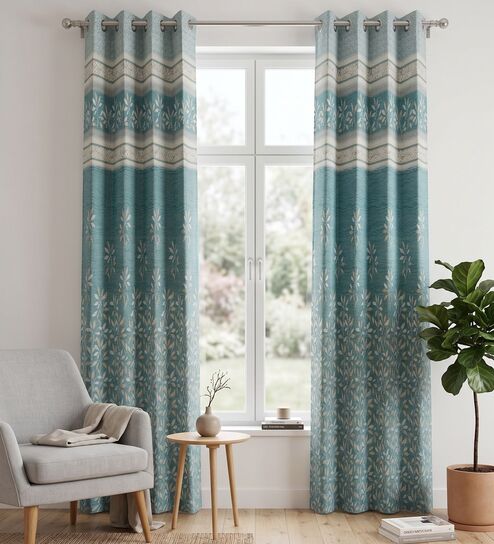 Aqua Polyester Floral 9Ft Light Filtering Eyelet Long Door Curtain