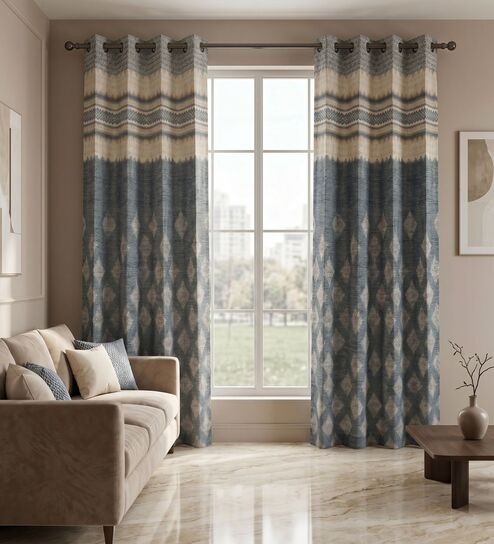 Aqua Polyester Geometric 9Ft Light Filtering Eyelet Long Door Curtain