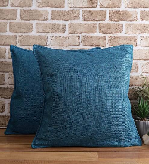 Aqua Solid Jute 18 x 18 Inches Cushion Covers (Set of 2)