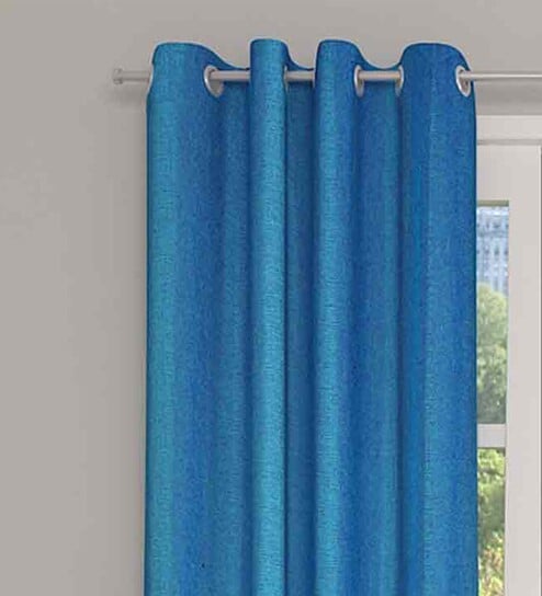Blue Solid Jute 7 Ft Light Filtering Eyelet Door Curtains (Set of 2)