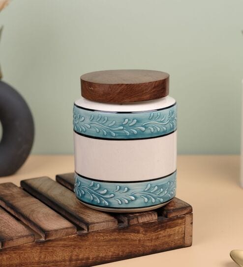 Aqua White Embossed Ceramic Air Tight Jar with Wooden Lid