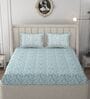 Aqua & White Glace Cotton Paisley Print Elastic Fitted King Bedsheet With 2 Pillow Covers