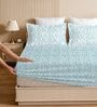 Aqua & White Glace Cotton Paisley Print Elastic Fitted King Bedsheet With 2 Pillow Covers