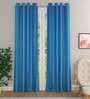 Blue Solid Jute 7 Ft Light Filtering Eyelet Door Curtains (Set of 2)