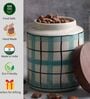Aqua White Checkered Jar with Wooden Lid