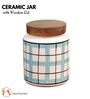 Aqua White Checkered Jar with Wooden Lid