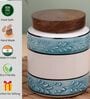 Aqua White Embossed Ceramic Air Tight Jar with Wooden Lid