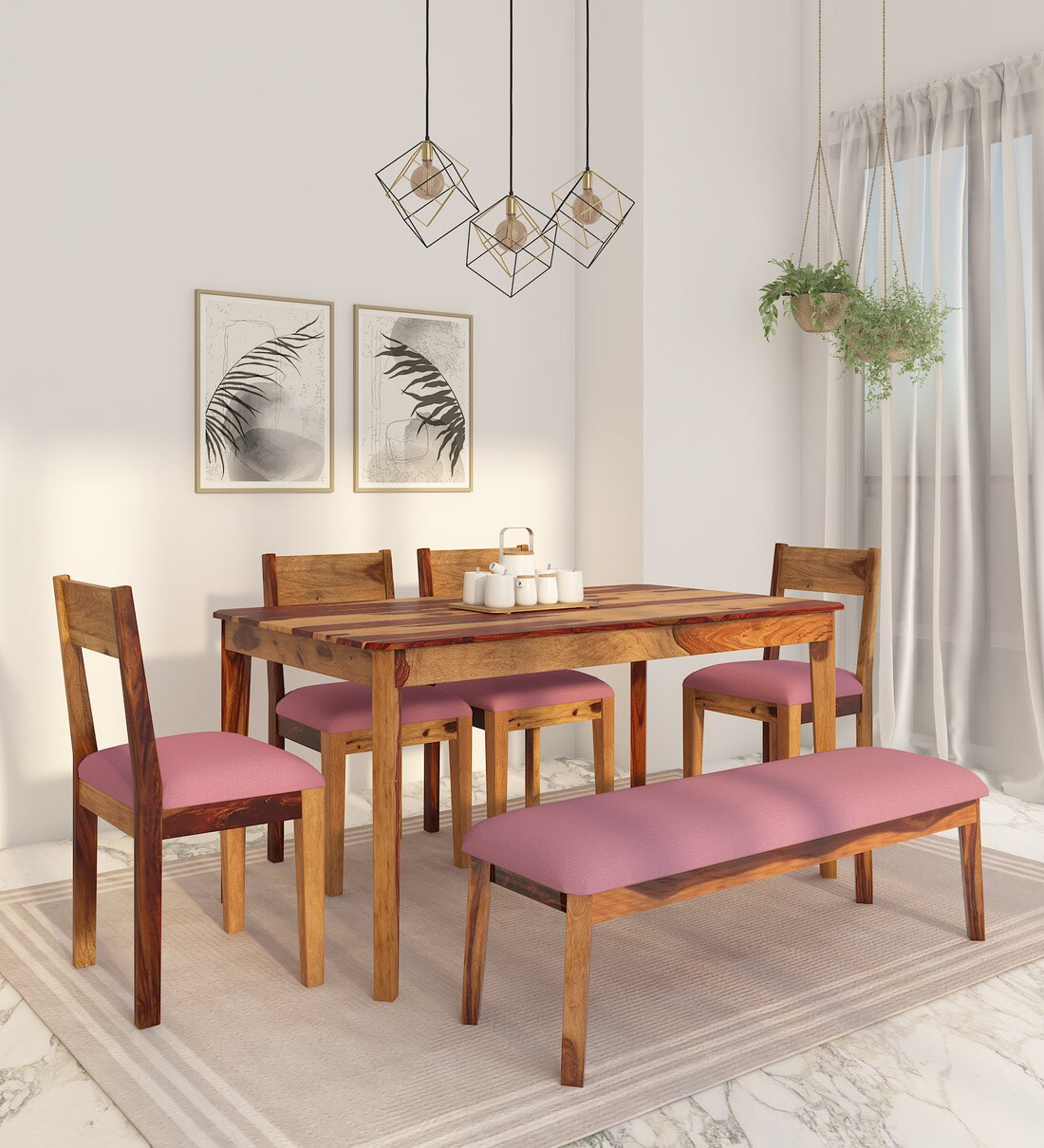 Buy Arabel Sheesham Wood 6 Seater Dining Set In Rustic Teak Finish With ...