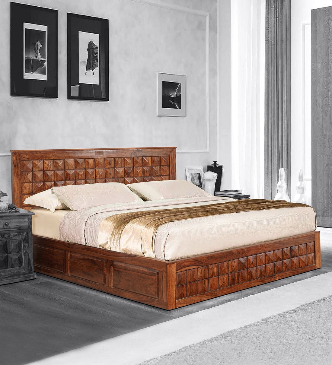 Buy Aragorn King Size Bed with Storage in Honey Finish by Trendsbee