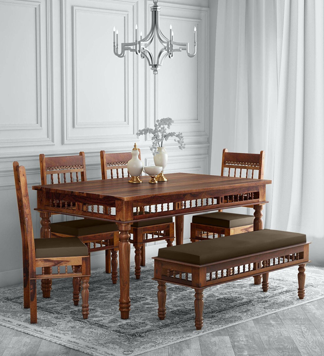 Buy Aramika Solid Wood 6 Seater Dining Set With Bench In Provincial Teak Finish Mudramark By Pepperfry Online Traditional 6 Seater Dining Sets Dining Furniture Pepperfry Product