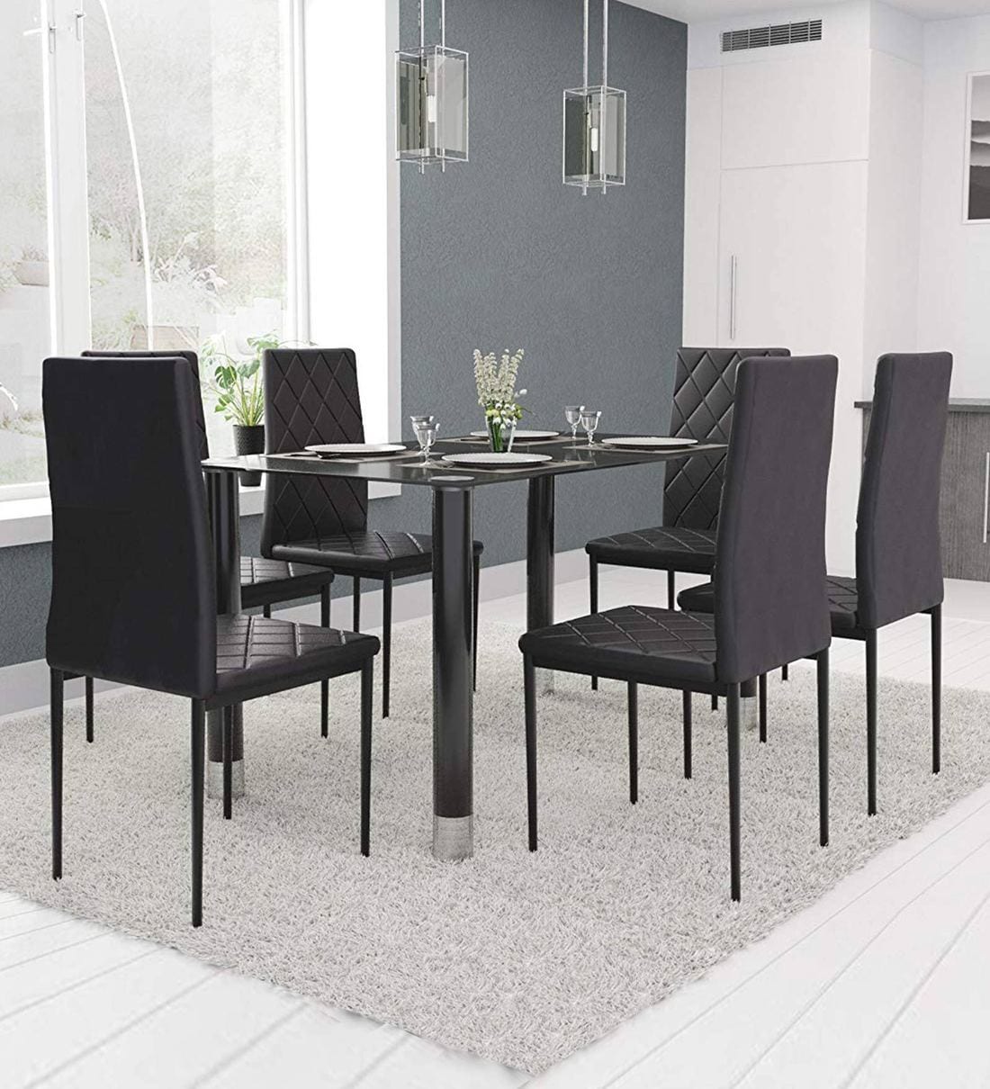 Buy Aria Six Seater Dining Table with Chair in Black Finish by Forzza