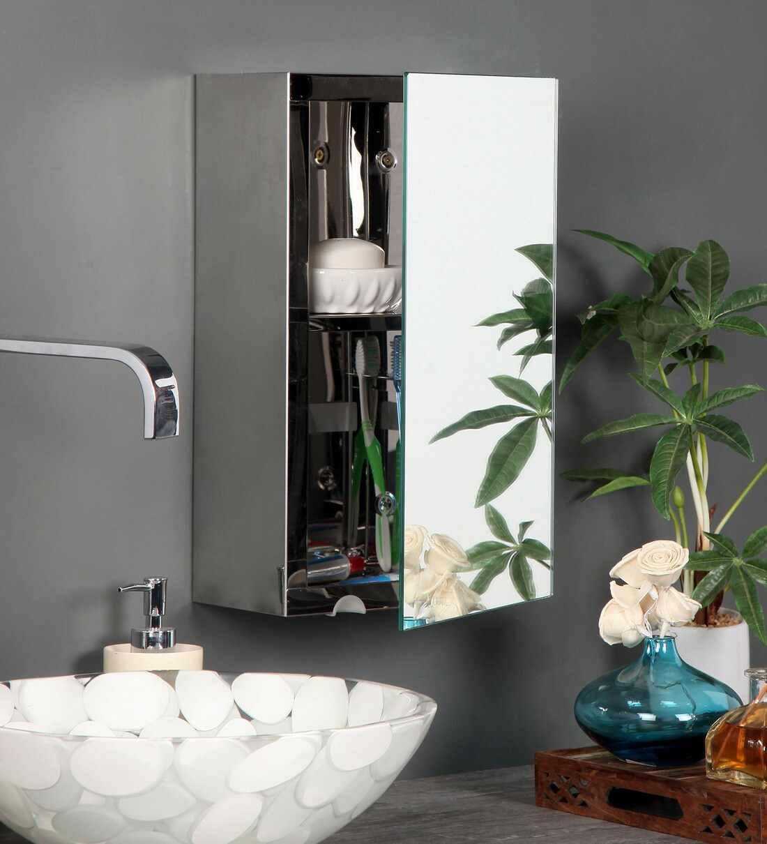 Buy Stainless Steel Silver 2 Compartment Bathroom Cabinet With Mirror ...