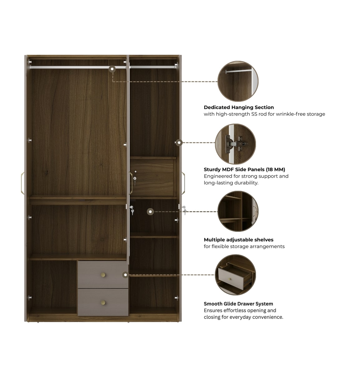 Buy Arsenio 3 Door Wardrobe With Drawer & Locker In Natural Teak