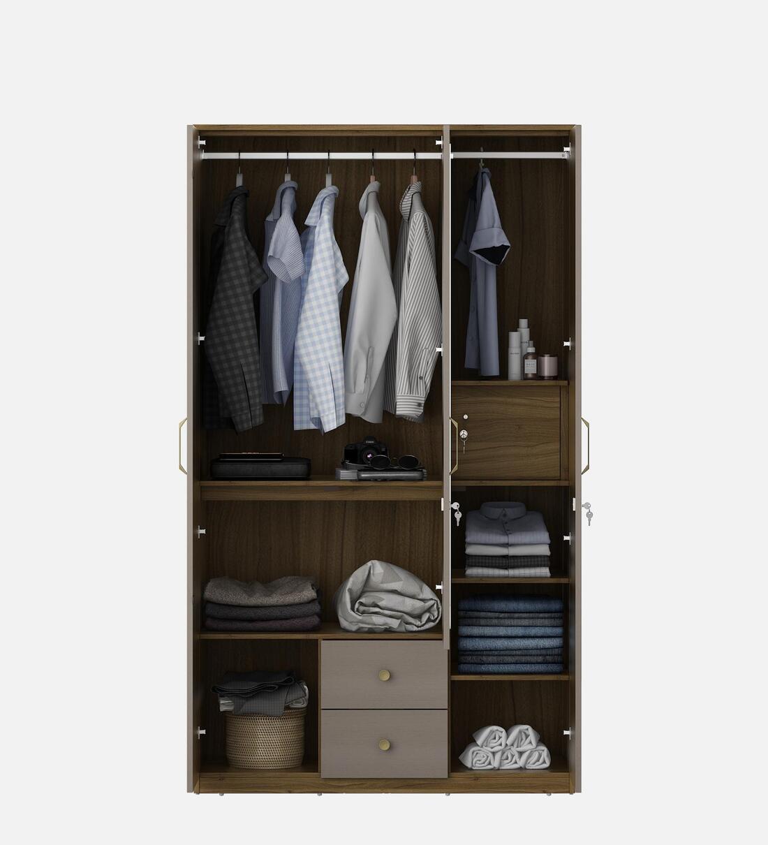 Buy Arsenio 3 Door Wardrobe With Drawer & Locker In Natural Teak