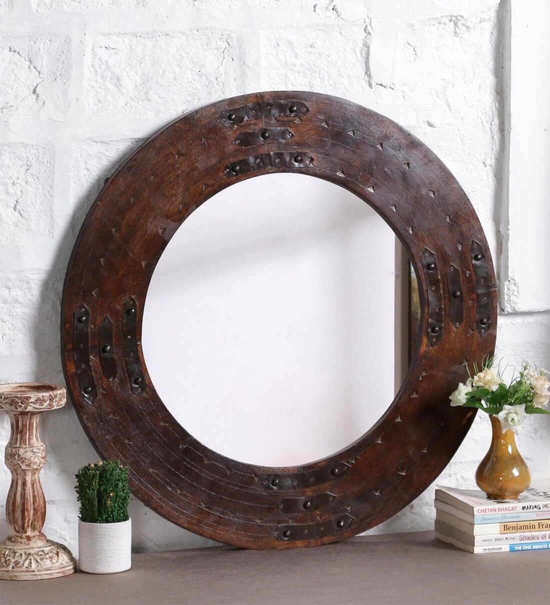 Buy Solid Wood Round Wall Mirror in Brown colour by Art of Jodhpur