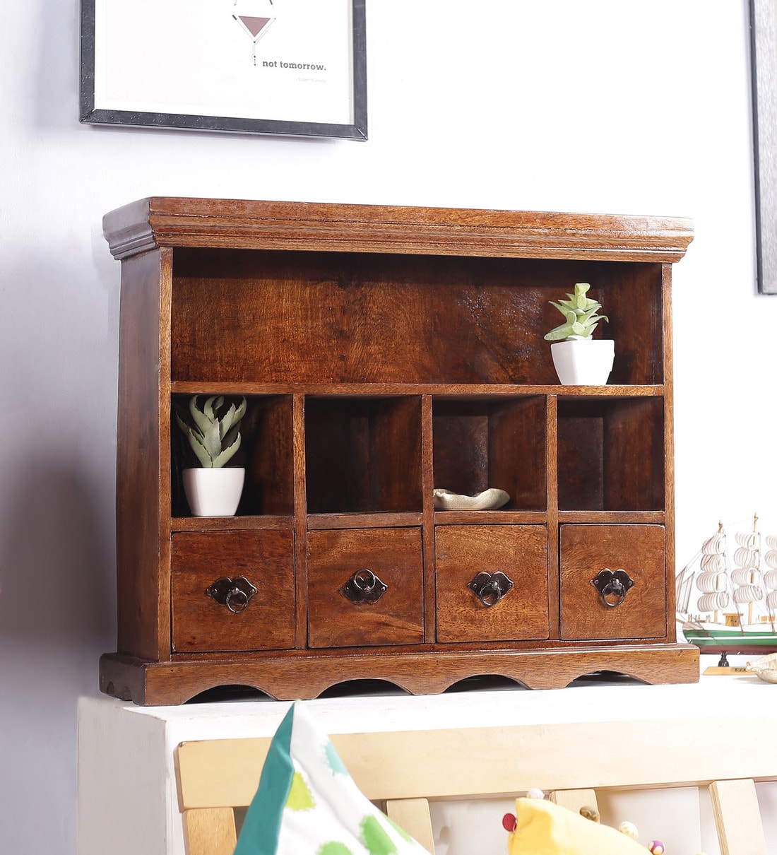 Buy Solid Wood Floating Wall Shelves in Honey finish by Art of Jodhpur