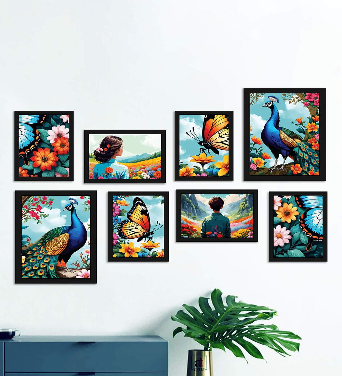 Art Street Indian Art Print Boy and Girl with Butterfly Floral Wall Hanging  For Home Decor