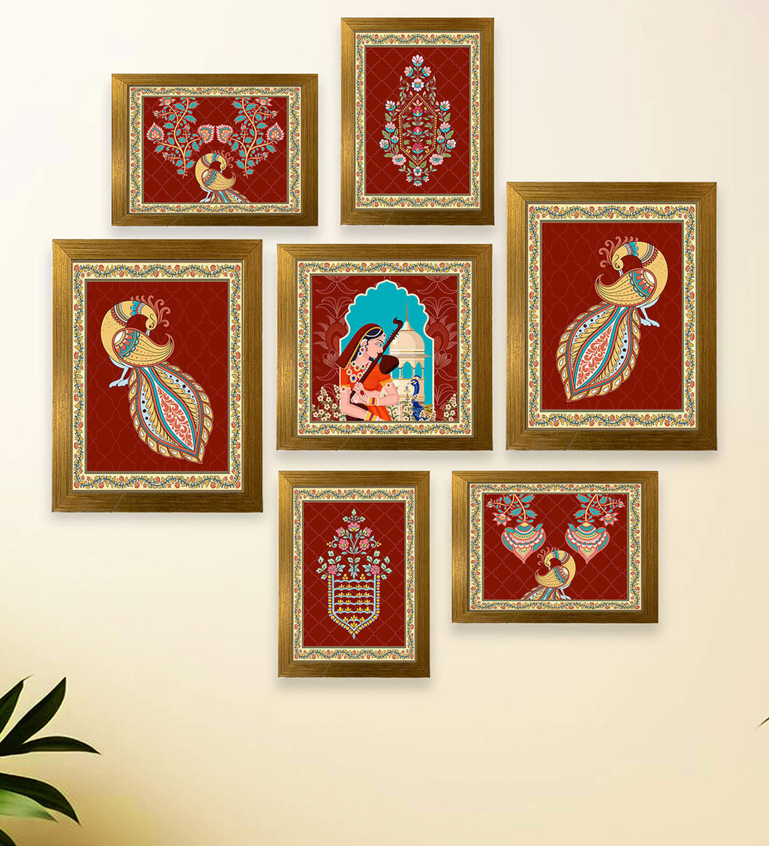 Art Street Indian Art Print Meera Holding Sitar with Peacock Wall Hanging  for Home Decor