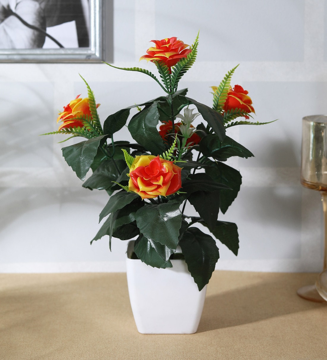 Buy Orange Rose Artificial Plant with Pot by Foliyaj Online