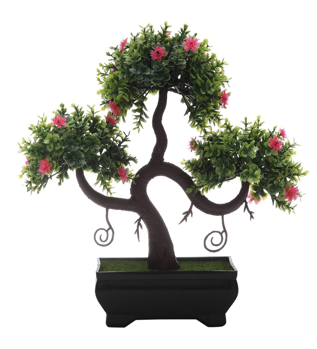 Buy Green Artificial Plant Bonsai Tree with Round Leaves & Pink Flowers with Pot by Foliyaj