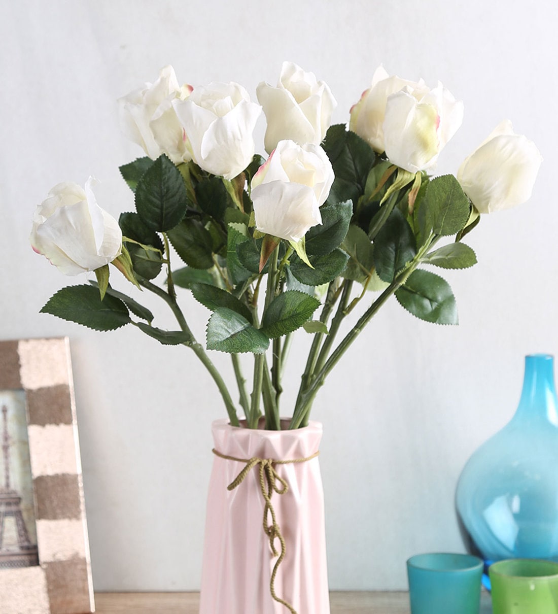 Buy White Artificial Synthetic Queen Rose Flower Stick, Set of 10 by ...