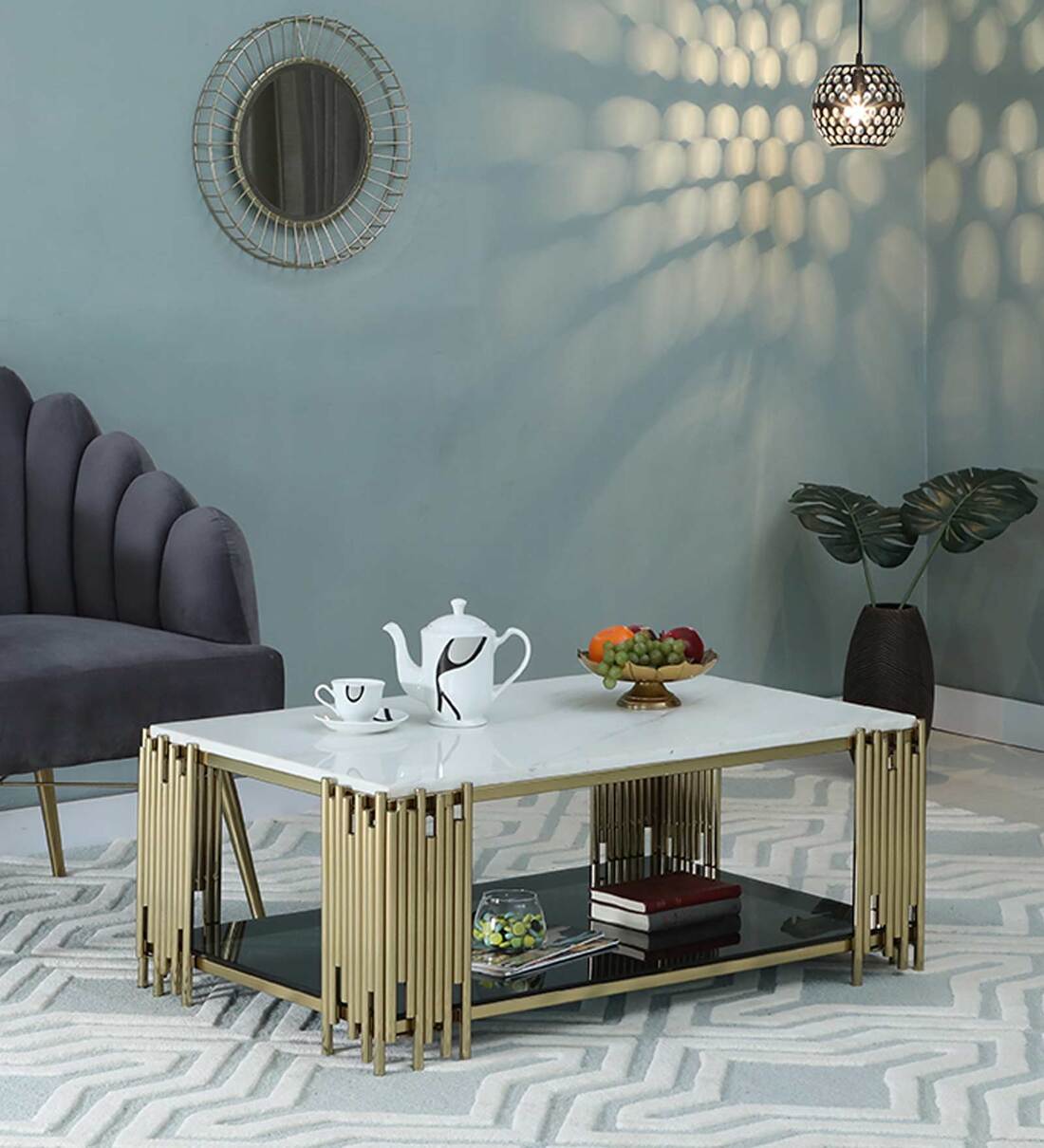 Buy Artis Square Coffee Table with White Marble Top & Golden Base by