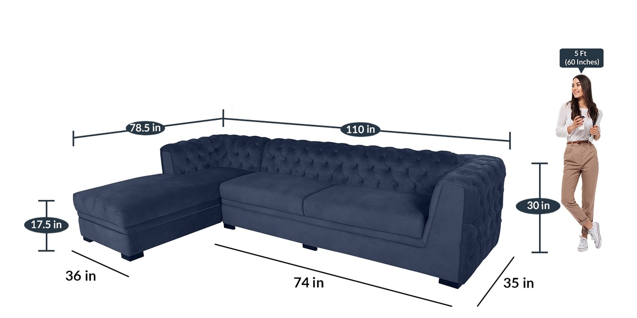 Buy Alanzo Velvet Fabric RHS Sectional Sofa In Royal Blue Colour By